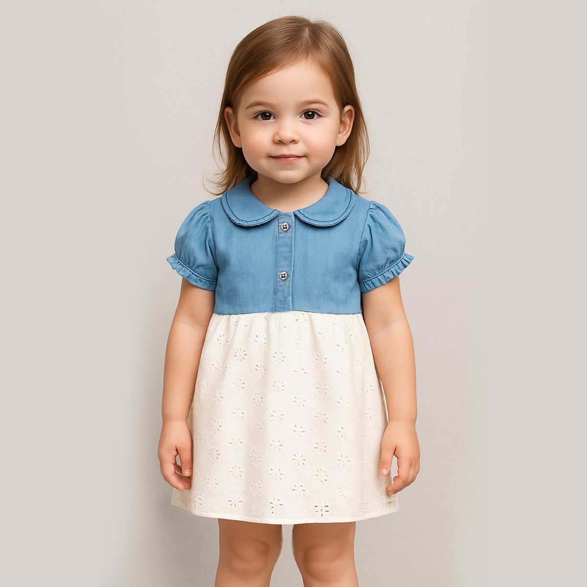 KIZ ÇOCUK 1-4 YAŞ YAKA NAKIŞLI GÜPÜRLÜ KOT ELBİSE - MAVİ