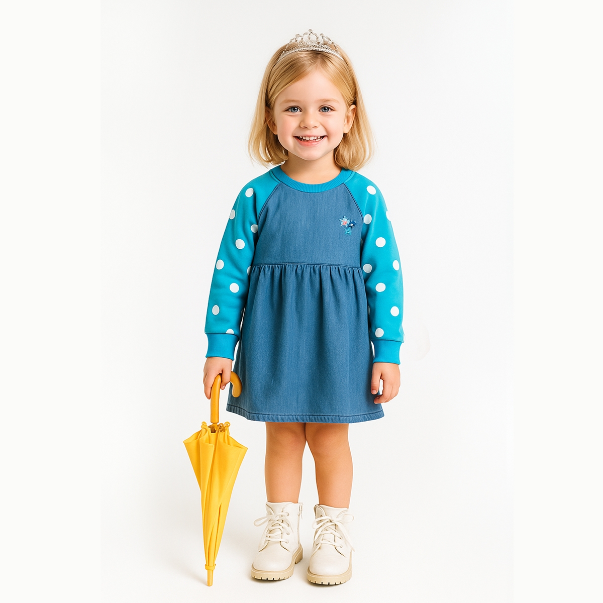 PUANTİYE BASKILI KIZ ELBİSE - LACİVERT