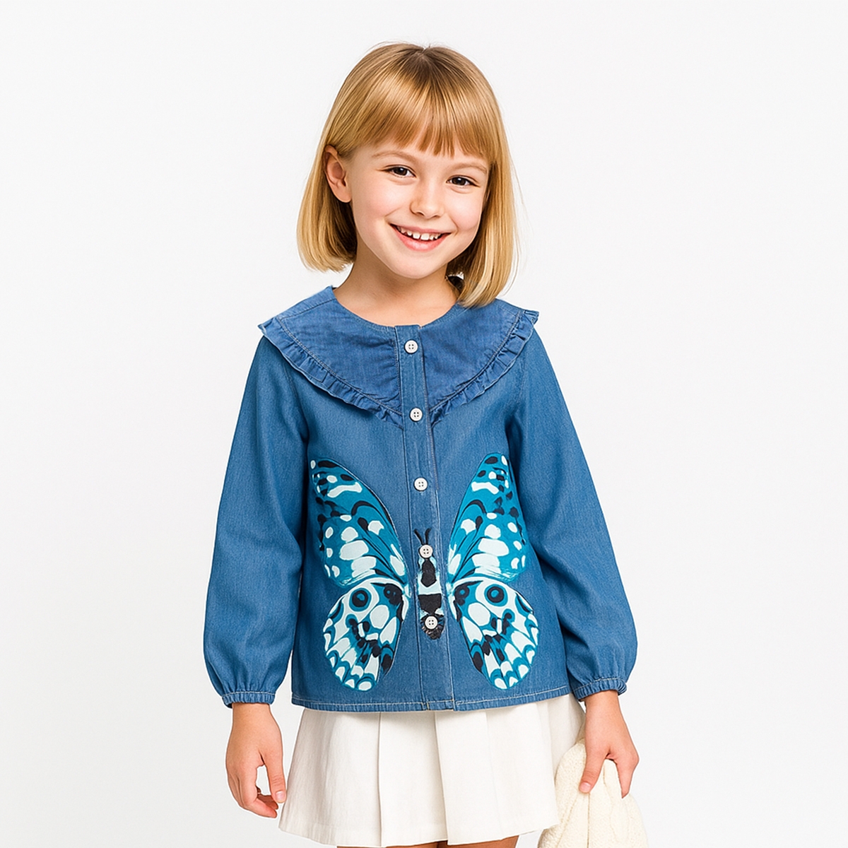 ДЕВОЧКА 5-7 ДЖИНСОВАЯ РУБАШКА С ПРИНТОМ