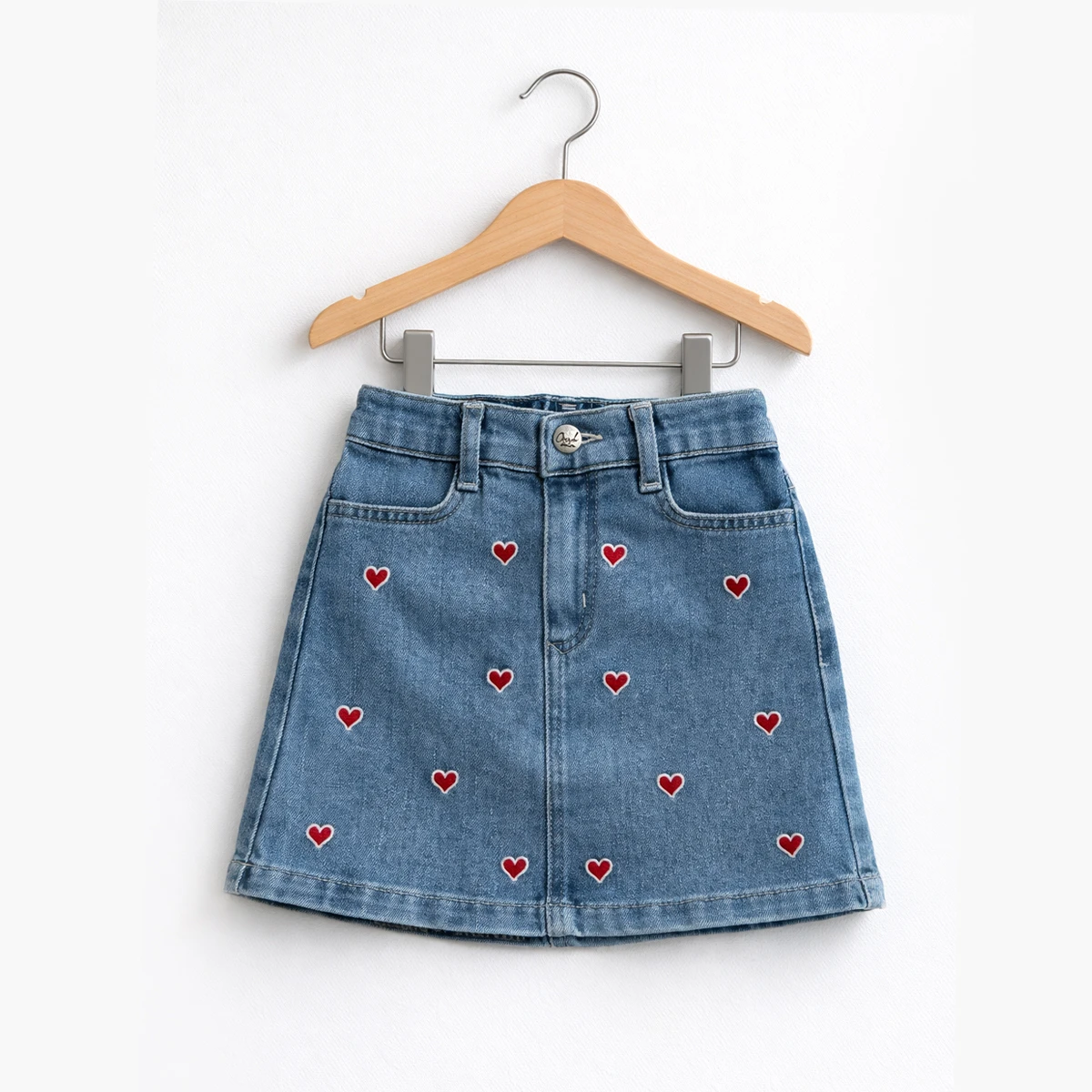 KIZ ÇOCUK 5-8 YAŞ KALP NAKIŞLI KOT ETEK 