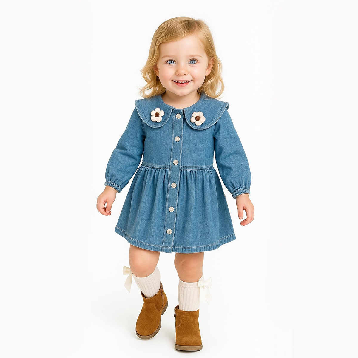 KIZ ÇOCUK 1-4 YAŞ YAKASI ÇİÇEKLİ KOT ELBİSE 