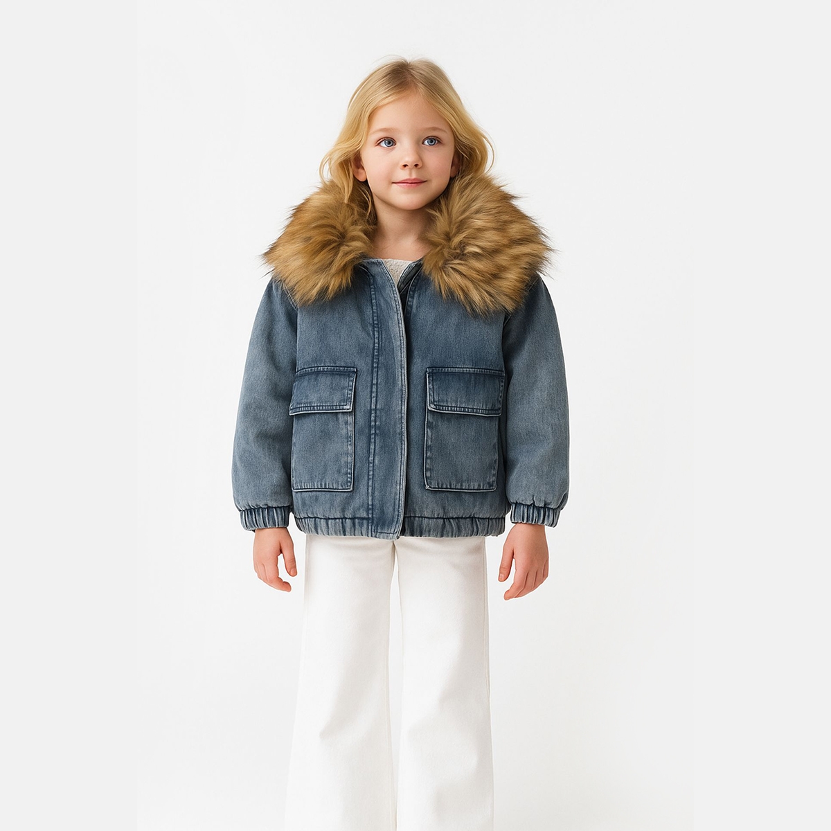 KIZ 9-12 YAŞ KÜRK YAKALI OVERSİZE KOT CEKET 