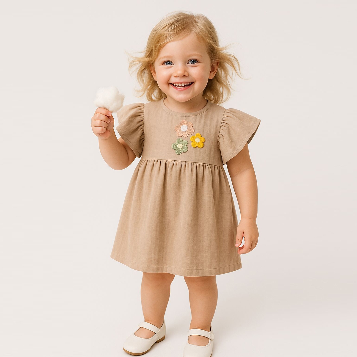 KIZ ÇOCUK 1-4 YAŞ ÇİÇEK DETAYLI MÜSLİN ELBİSE - BEJ