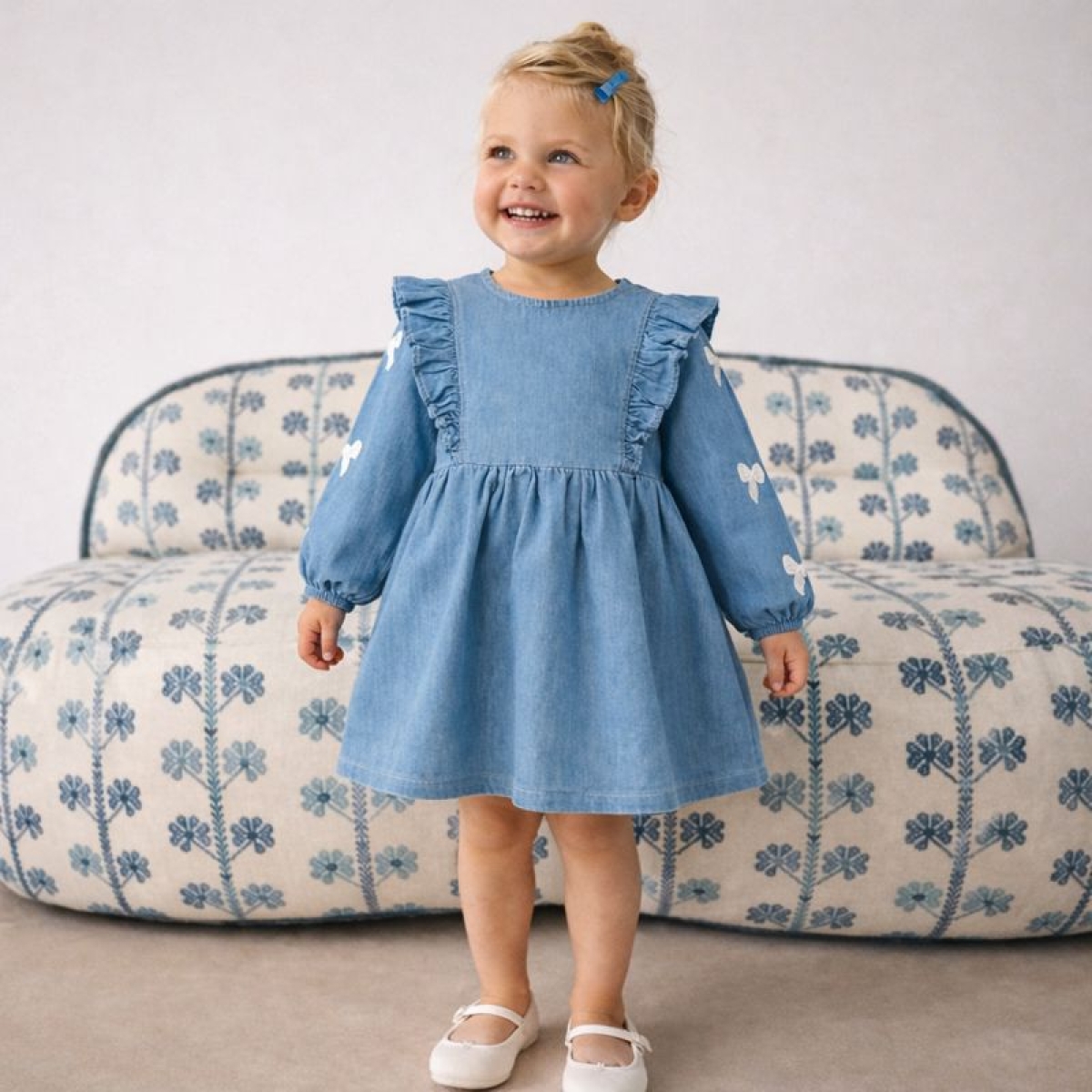 KIZ ÇOCUK 1-4 YAŞ NAKIŞLI TOKALI KOT ELBİSE