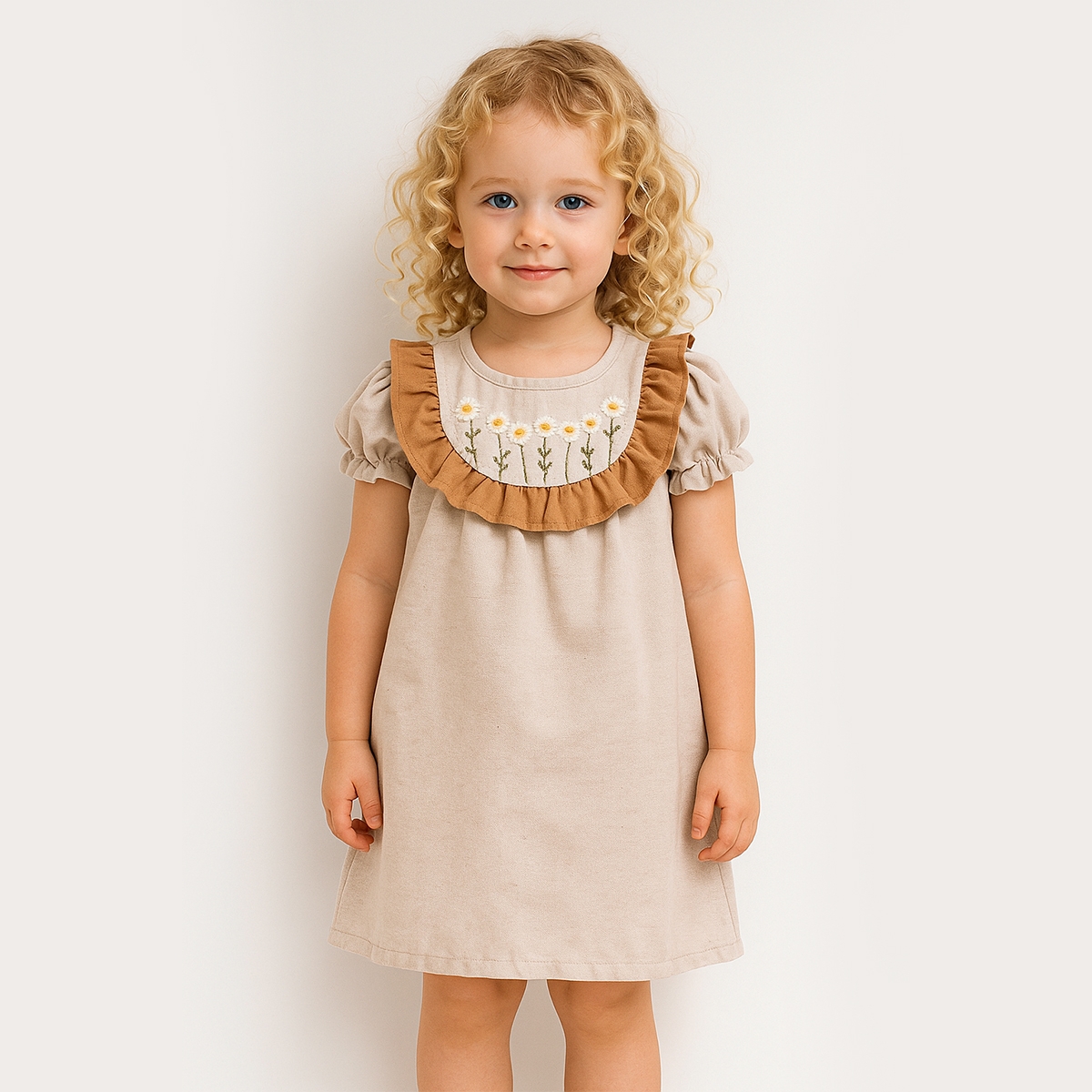 KIZ ÇOCUK 1-4 YAŞ NAKIŞLI KARPUZ KOL KETEN ELBİSE 