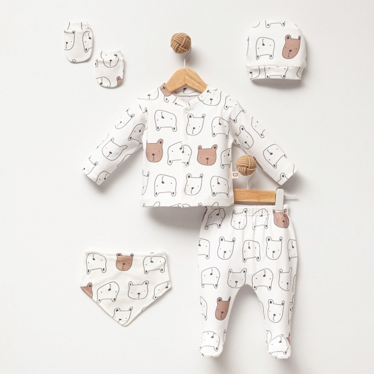 0 PAMUKLU YENİ DOĞAN AYI DESENLİ 5Lİ SET - BEYAZ