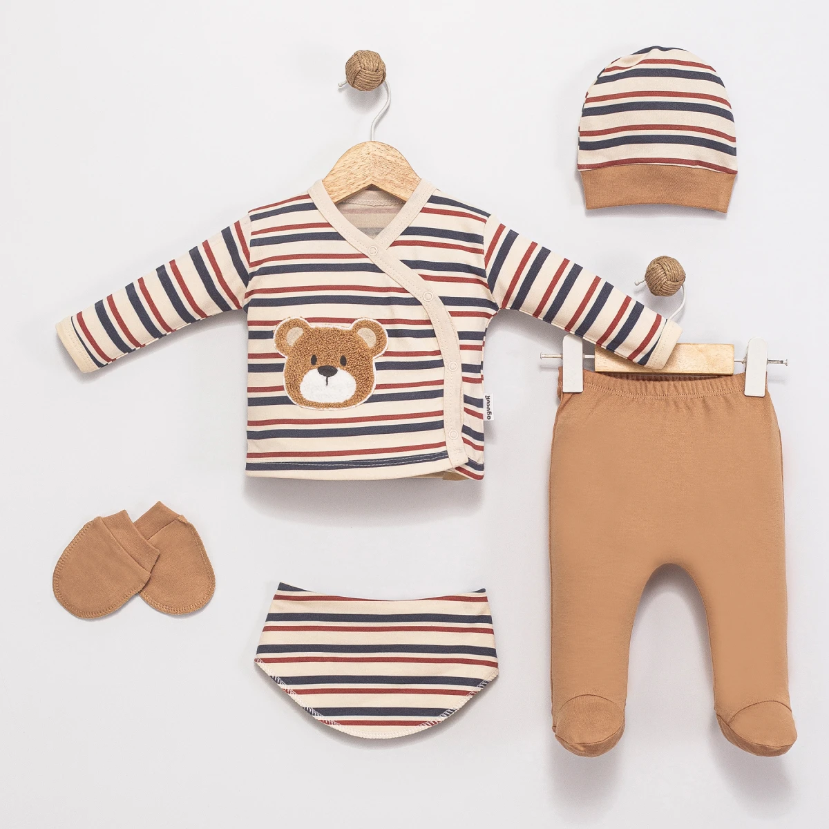 ERKEK BEBEK 0-3 AY ÇİZGİLİ AYI 5 Lİ ZIBIN TAKIMI 