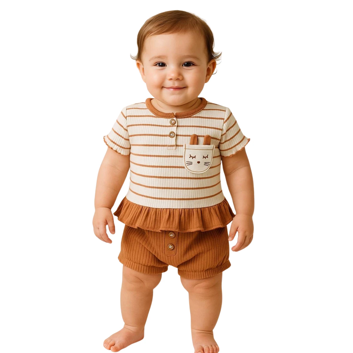 KIZ BEBEK 3-12 AY KAŞKORSE ŞORTLU TAKIM - KAHVERENGİ