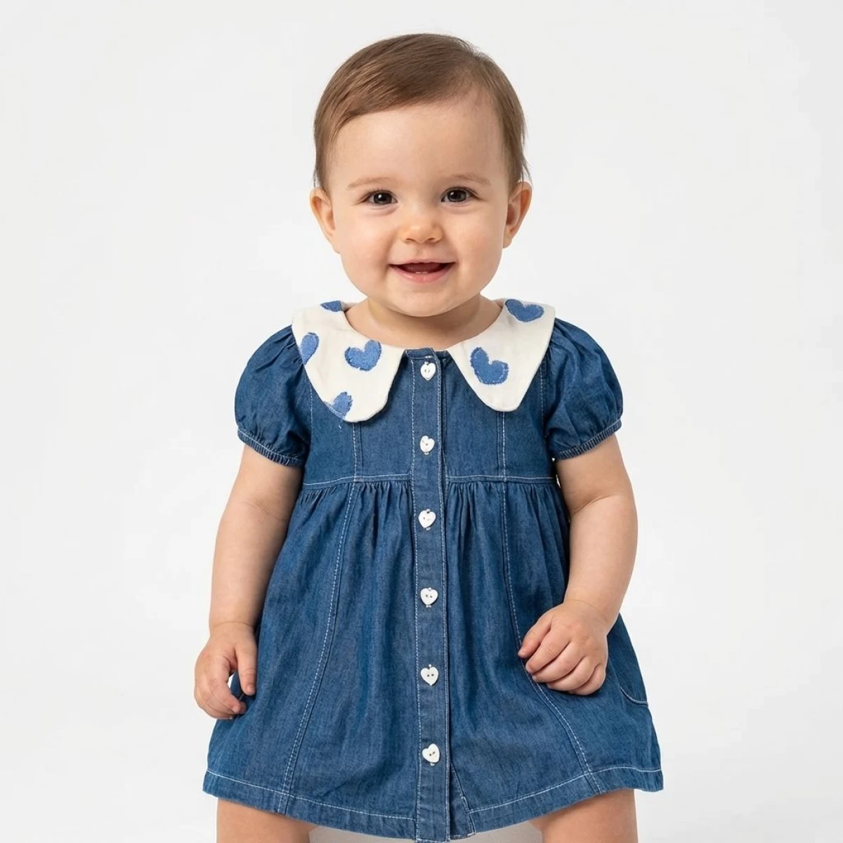 KIZ ÇOCUK 1-4 YAŞ BEBE YAKA KALP DETAYLI KOT ELBİSE