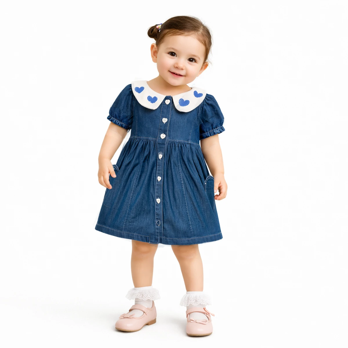 KIZ ÇOCUK 1-4 YAŞ BEBE YAKA KALP DETAYLI KOT ELBİSE