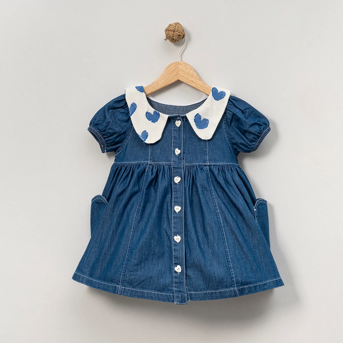 KIZ ÇOCUK 1-4 YAŞ BEBE YAKA KALP DETAYLI KOT ELBİSE