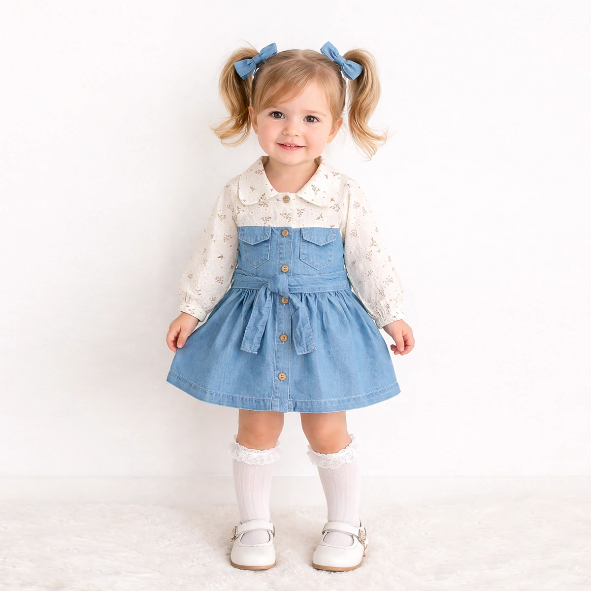 KIZ ÇOCUK 1-4 YAŞ ÇİÇEK DESENLİ KOT ELBİSE