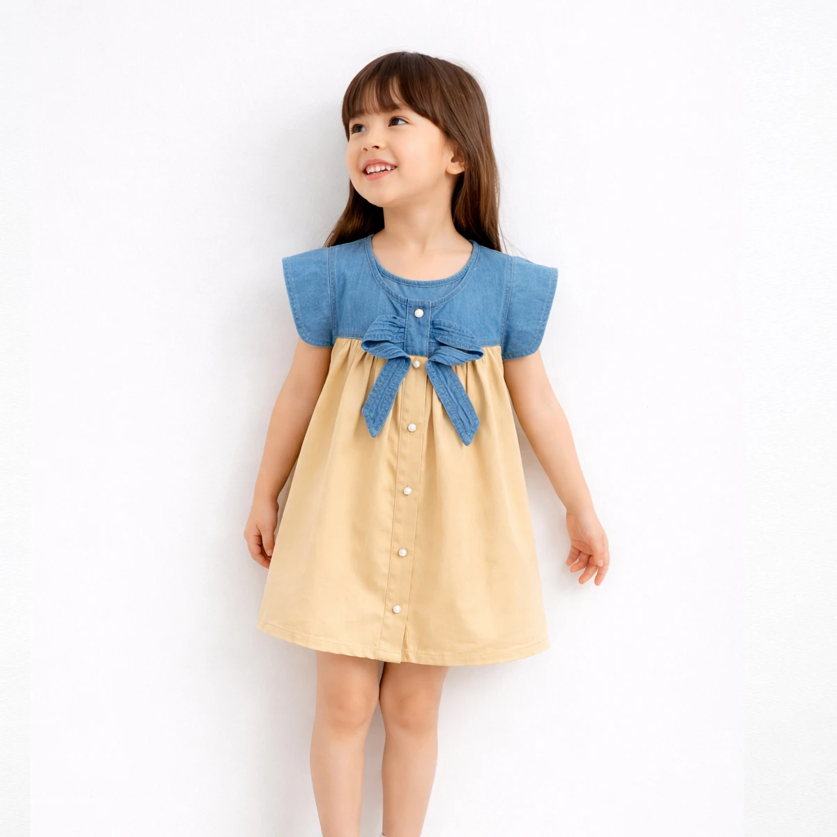 KIZ ÇOCUK  1-4 YAŞ  FİYOKLU KOT KETEN ELBİSE 