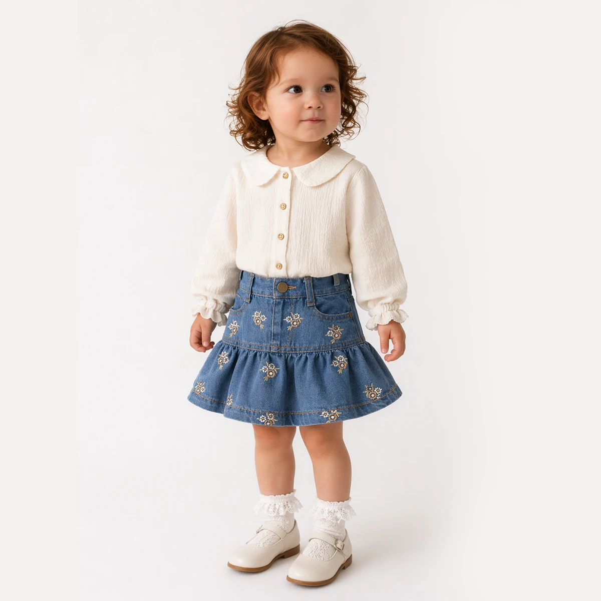 KIZ ÇOCUK 1-4 YAŞ GÖMLEK KOT ETEK TAKIM 