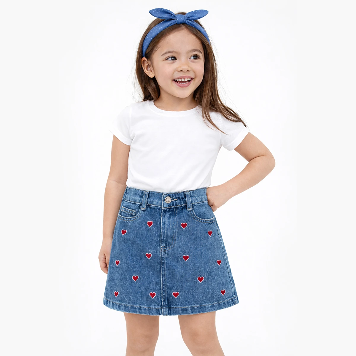 KIZ ÇOCUK 5-8 YAŞ KALP NAKIŞLI KOT ETEK 