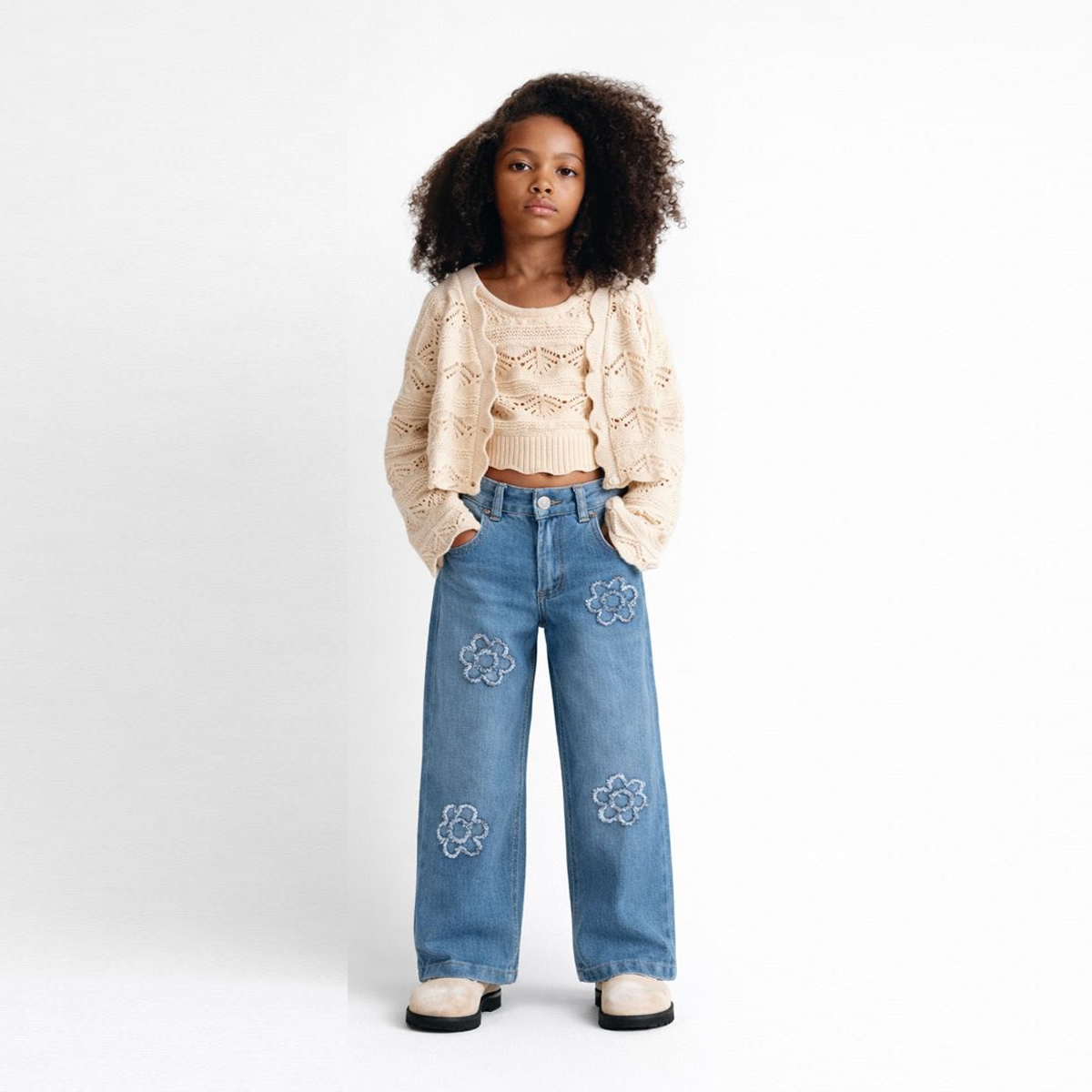 KIZ ÇOCUK 5-8 YAŞ PAPATYA TEMA  NAKIŞLI KOT PANTOLON 