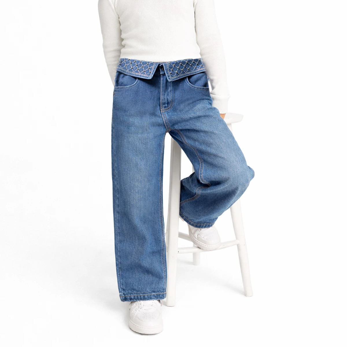 KIZ ÇOCUK 5-8 YAŞ TAŞ DETAYLI BASKILI KOT PANTOLON 