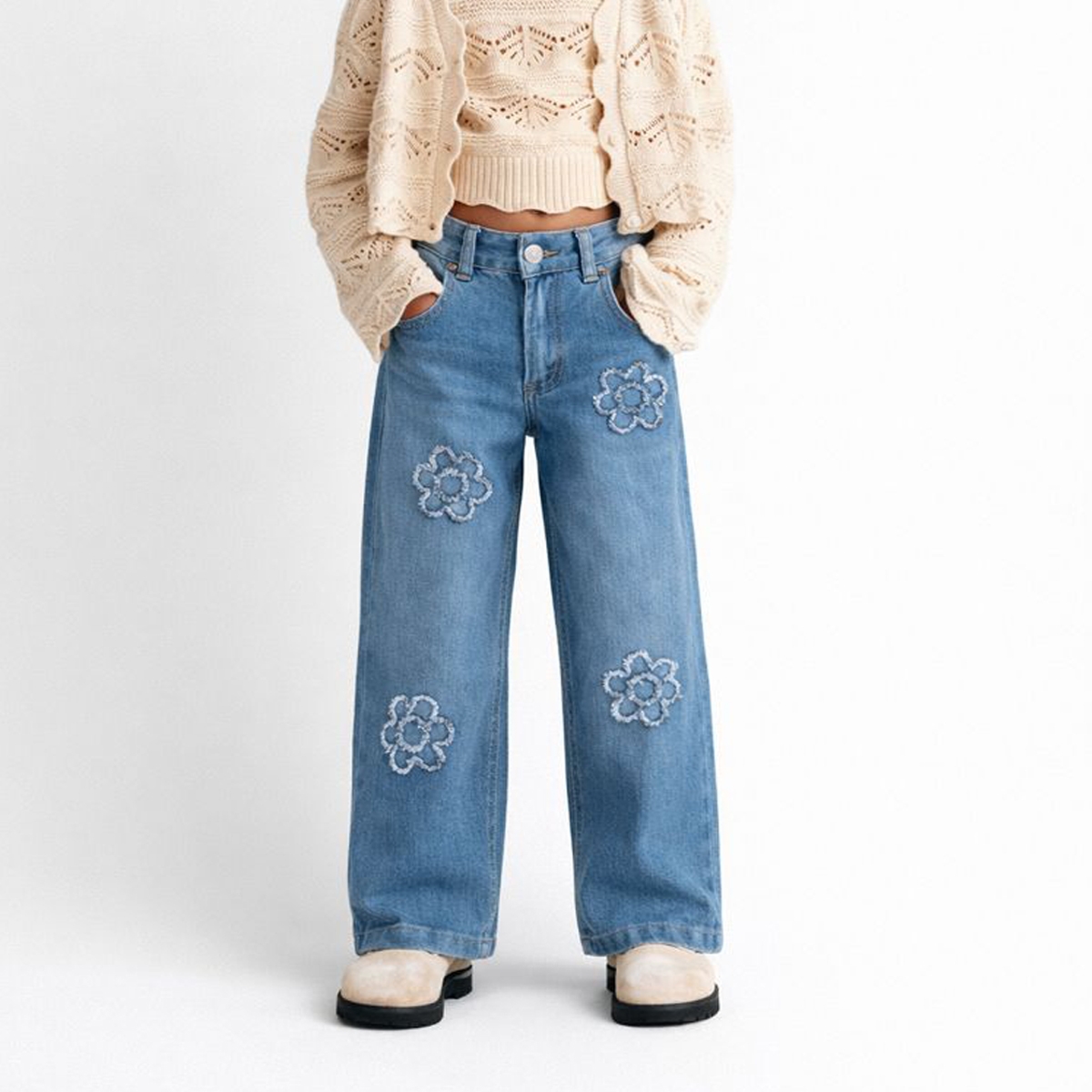 KIZ ÇOCUK 5-8 YAŞ PAPATYA TEMA  NAKIŞLI KOT PANTOLON 