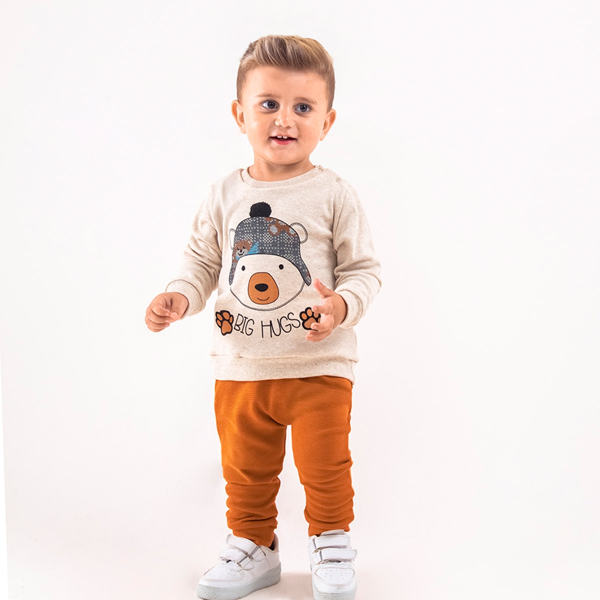 ERKEK BEBEK 9-24 AY BİG HUGS BASKILI EŞOFMAN TAKIMI - HARDAL