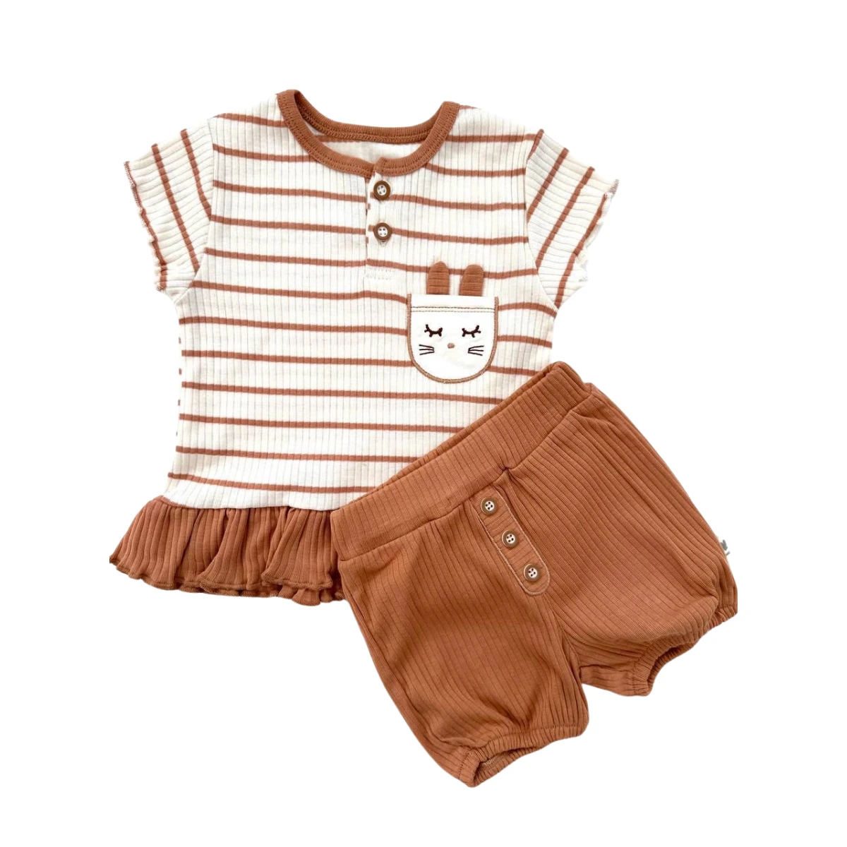 KIZ BEBEK 3-12 AY KAŞKORSE ŞORTLU TAKIM - KAHVERENGİ