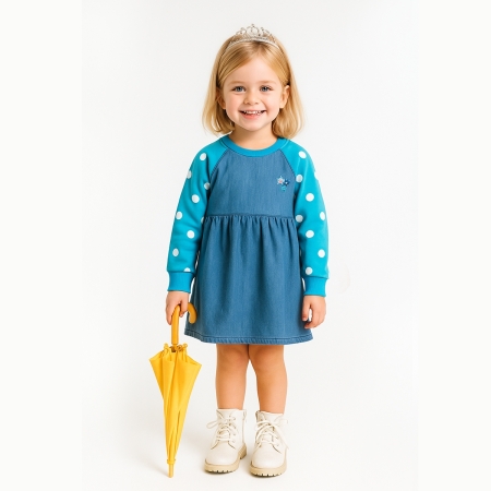 PUANTİYE BASKILI KIZ ELBİSE - LACİVERT