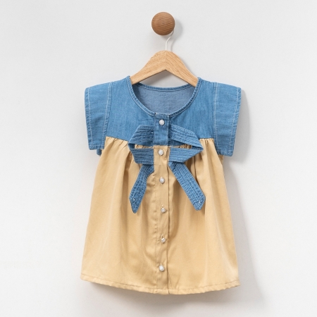 KIZ ÇOCUK  1-4 YAŞ  FİYOKLU KOT KETEN ELBİSE 