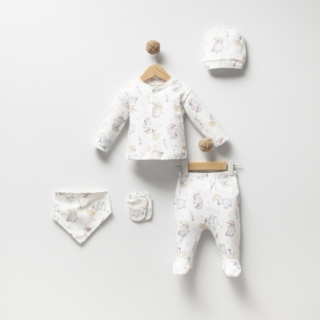 YENİDOĞAN FİL DESENLİ 5 Lİ SET - BEYAZ