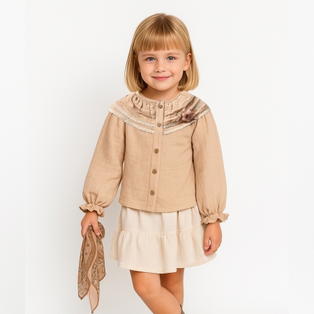 KIZ 5-8 YAŞ FIRFIRLI MÜSLİN GÖMLEK - BEJ