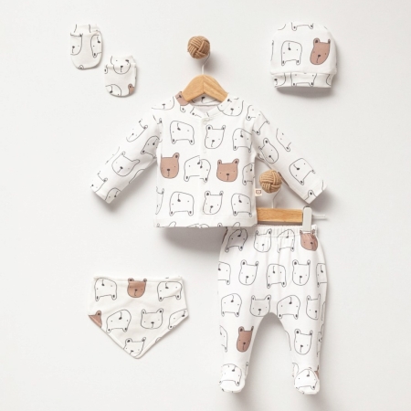 0 PAMUKLU YENİ DOĞAN AYI DESENLİ 5Lİ SET - BEYAZ