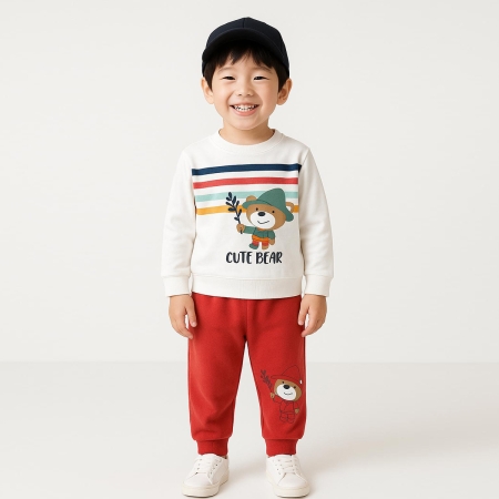 BEBEK 6-12 AY ÇİZGİLİ CUTE İKİLİ TAKIM - KIRMIZI