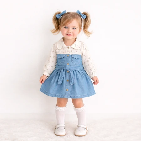 KIZ ÇOCUK 1-4 YAŞ ÇİÇEK DESENLİ KOT ELBİSE