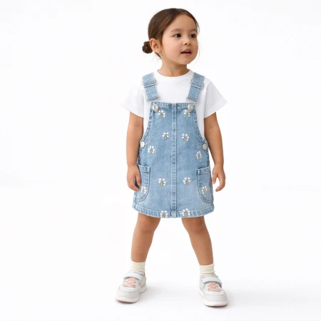 GIRL 1-4 AGE FLOWER EMBROIDERED DENIM DRESS