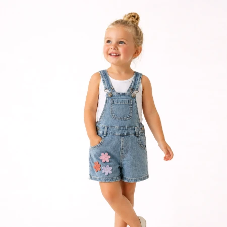 KIZ ÇOCUK 1-4 YAŞ ÇİÇEK NAKIŞLI KOT ŞORT SALOPET