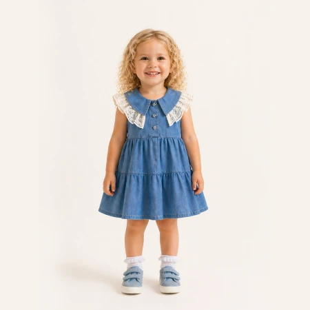 GIRL 1-4 YEARS OLD LACE COLLAR DENIM DRESS
