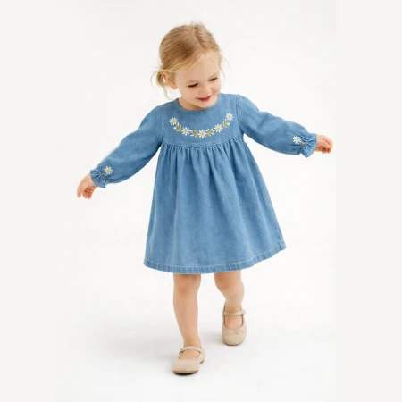 KIZ ÇOCUK  1-4 YAŞ PAPATYA NAKIŞLI KOT ELBİSE 