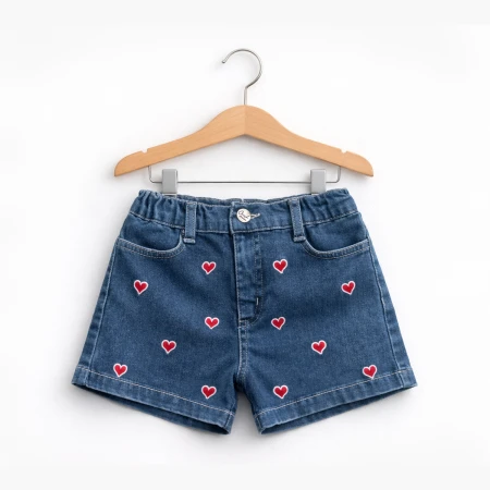 KIZ ÇOCUK 5-8 YAŞ KALP NAKIŞLI KOT ŞORT 