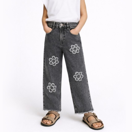 KIZ ÇOCUK 5-8 YAŞ PAPATYA NAKIŞLI KOT PANTOLON 