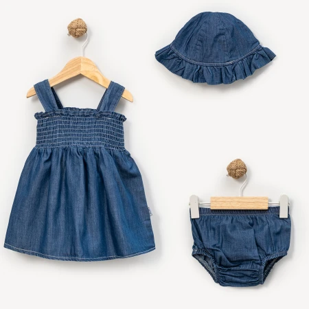 KIZ ÇOCUK 9-24 AY KOT ŞAPKALI SLİPLİ ELBİSE 3 LÜ TAKIM - KOYU MAVİ