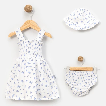 KIZ ÇOCUK 9-24 AY ŞAPKALI SLİPLİ ELBİSE 3 LÜ TAKIM - BEYAZ