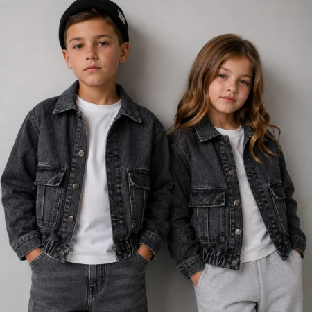 UNISEX ÇOCUK 4-7 YAŞ NAKIŞLI KOT CEKET 