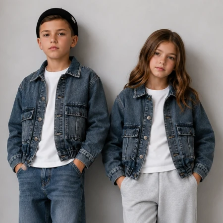 UNISEX ÇOCUK 5-8 YAŞ NAKIŞLI KOT CEKET 
