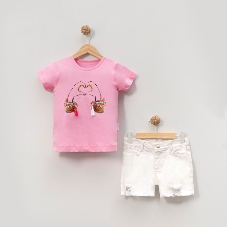 KIZ ÇOCUK 9-12 YAŞ ŞORTLU İKİLİ TAKIM - BEJ