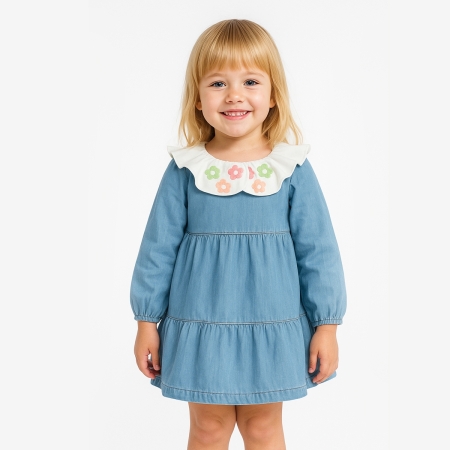 KIZ ÇOCUK 1-4 YAŞ YAKASI NAKIŞLI KOT ELBİSE 